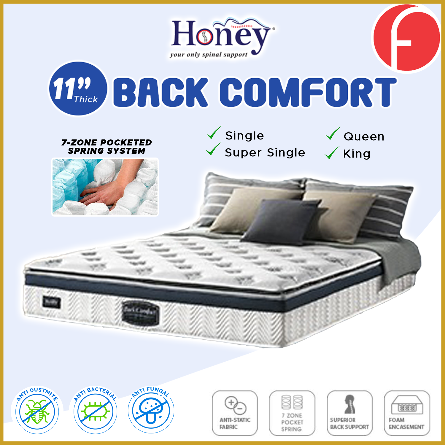 Honey Back Comfort 11" Mattress Anti-Static 7-Zone Pocket Spring - All Sizes Available