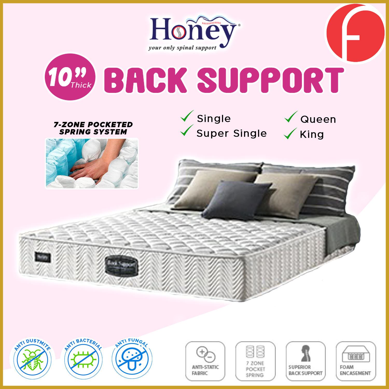 Honey Back Support 10" Mattress Anti-Static 7-Zone Pocket Spring - All Sizes Available