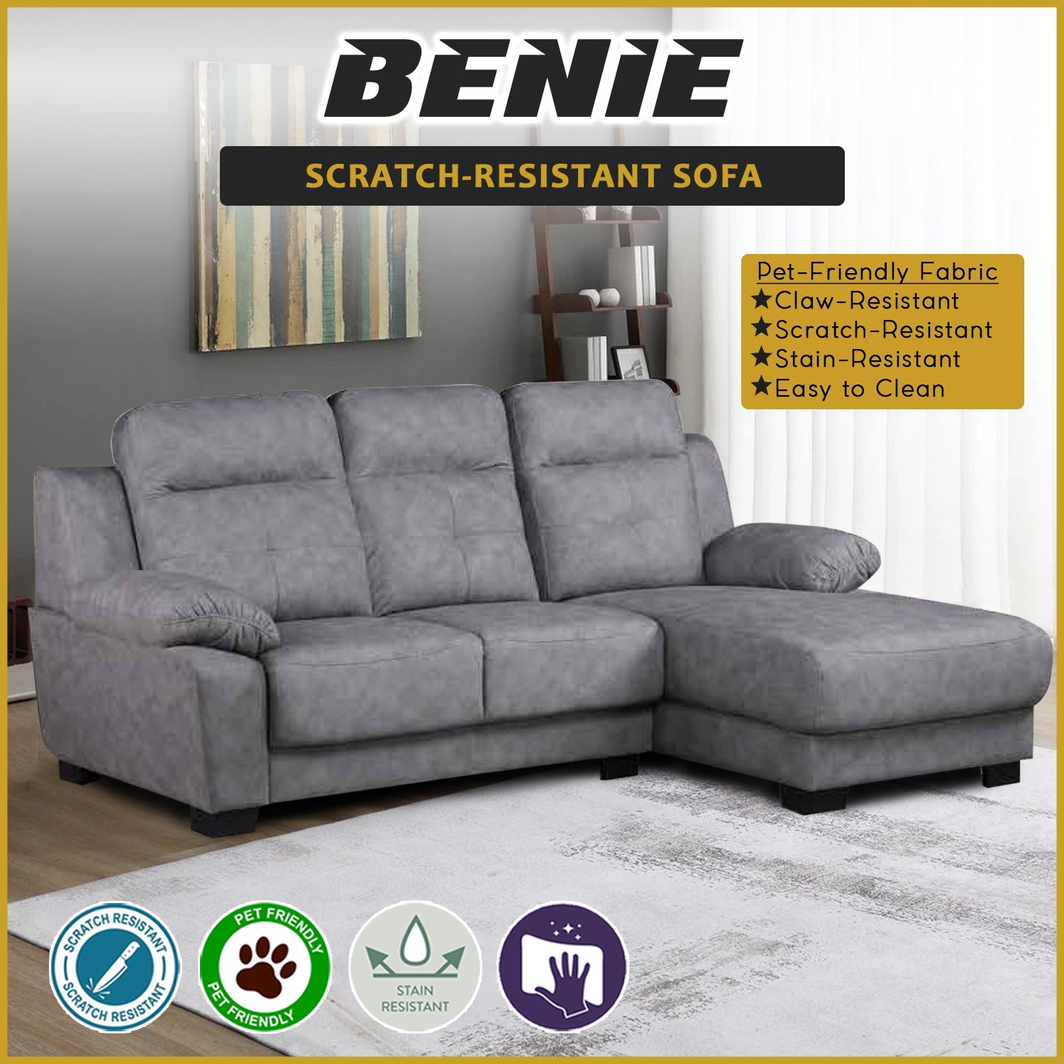 Benie L-Shaped Sofa Left or Right Chaise in 47 Colour -w/ Pet Friendly Scratch-Resistant