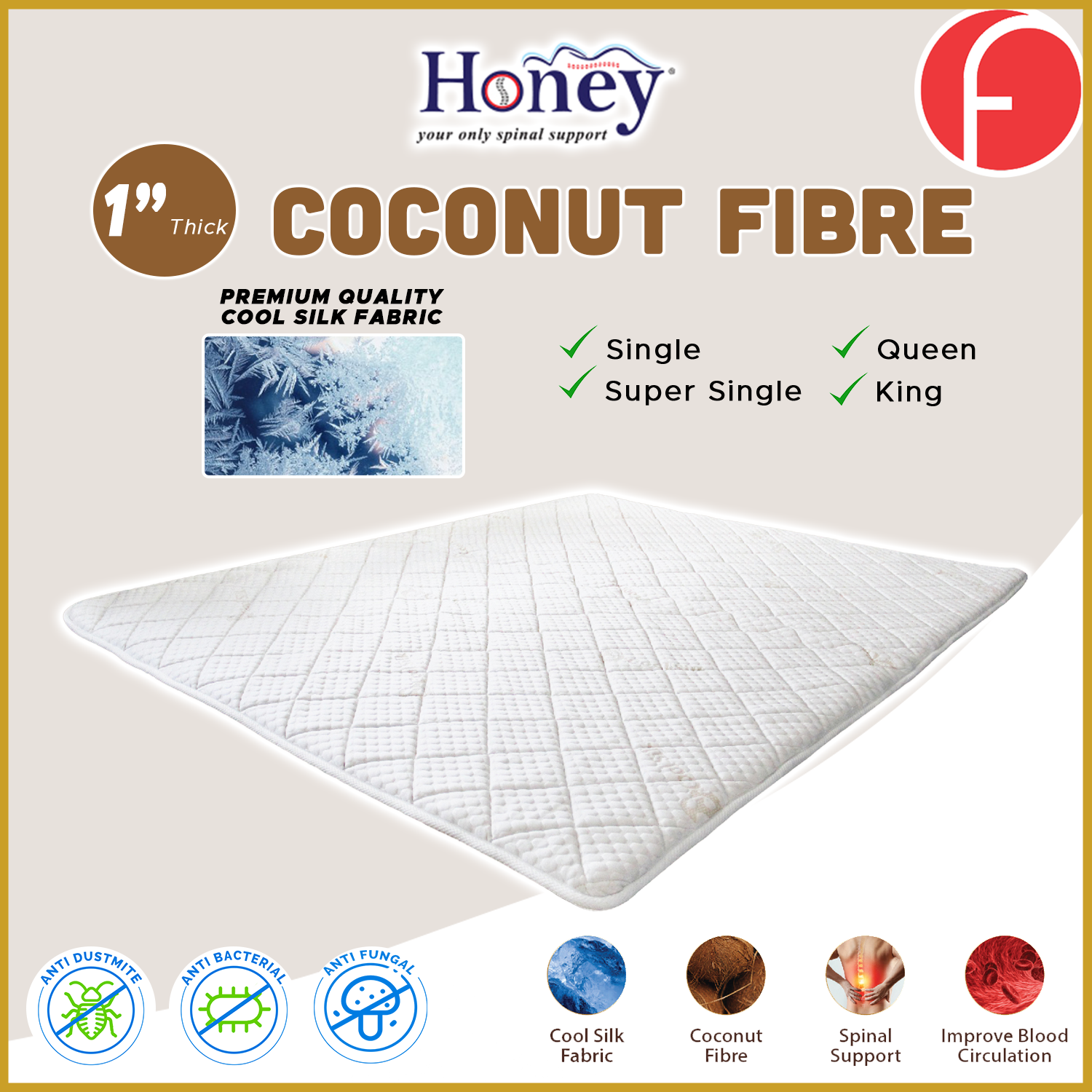 Honey Coconut Fibre Mattress Topper 1" Cooling Silk Fabric - All Sizes Available