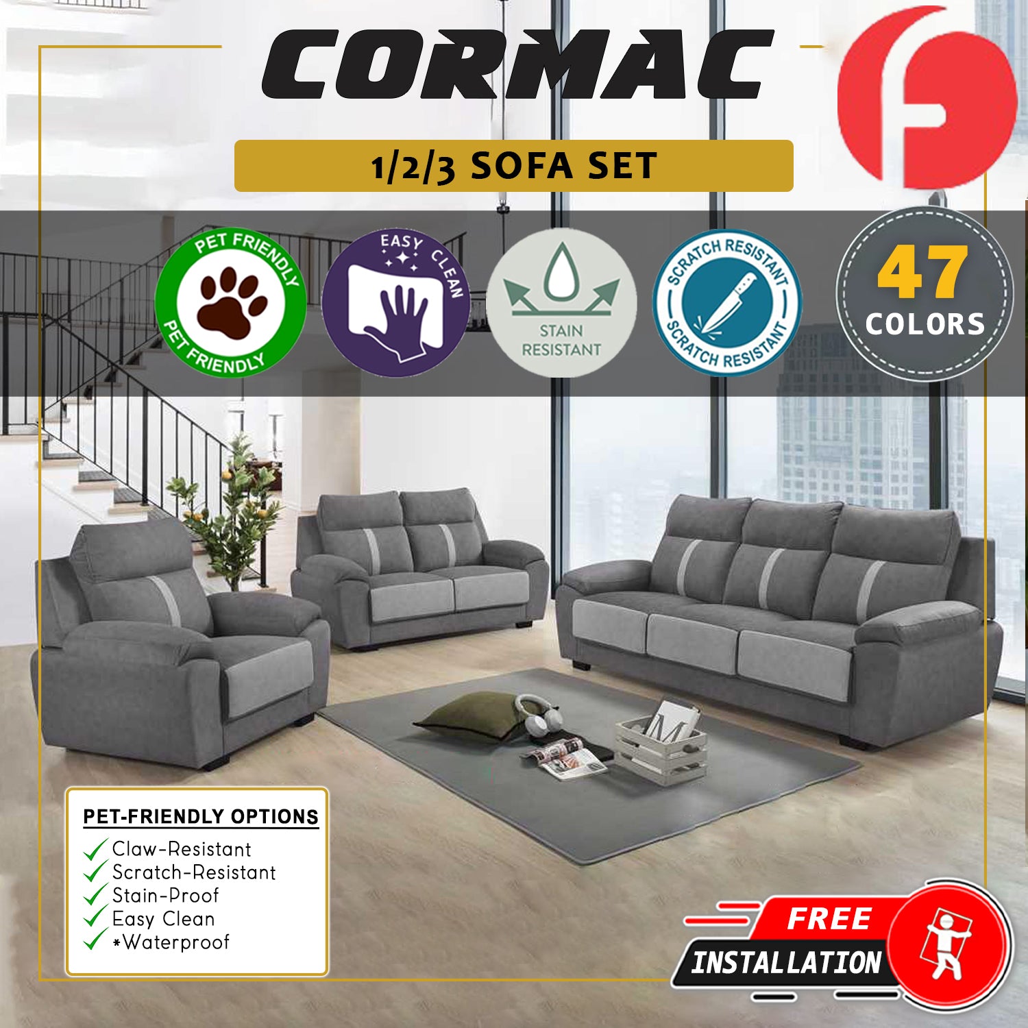 Cormac 1/2/3-Seater High Back Sofa 47 Colour - w/ PetFriendly Fabric/Leather Option
