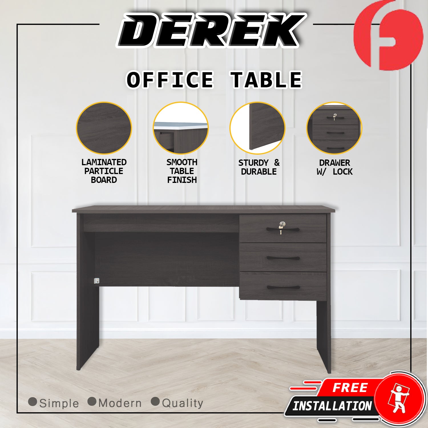 Derek Study Computer Office Table with Drawer w/ Lock in 4 Colours