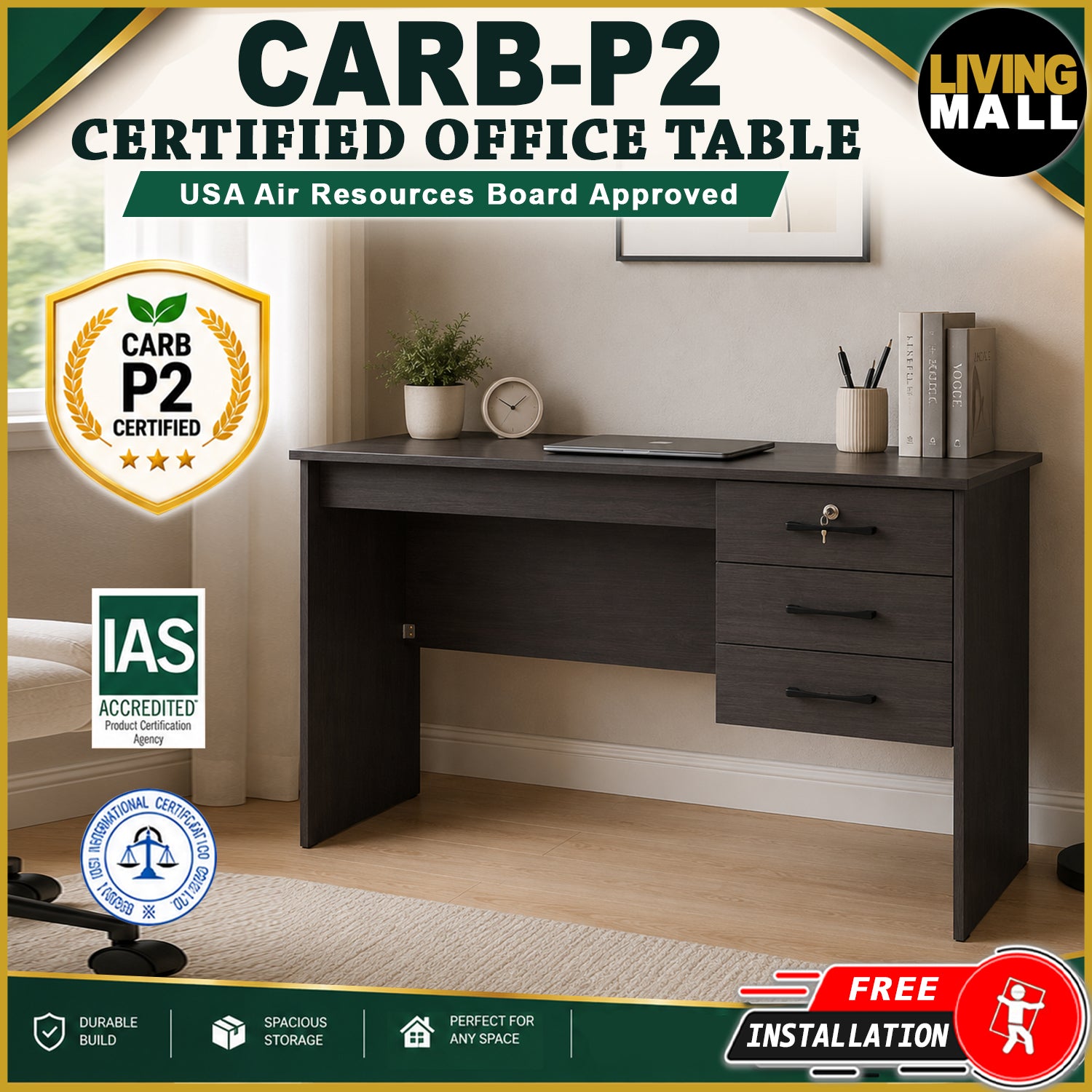 Derek Study Computer Office Table Carb-P2 Certified with Drawer w/ Lock in 4 Colours