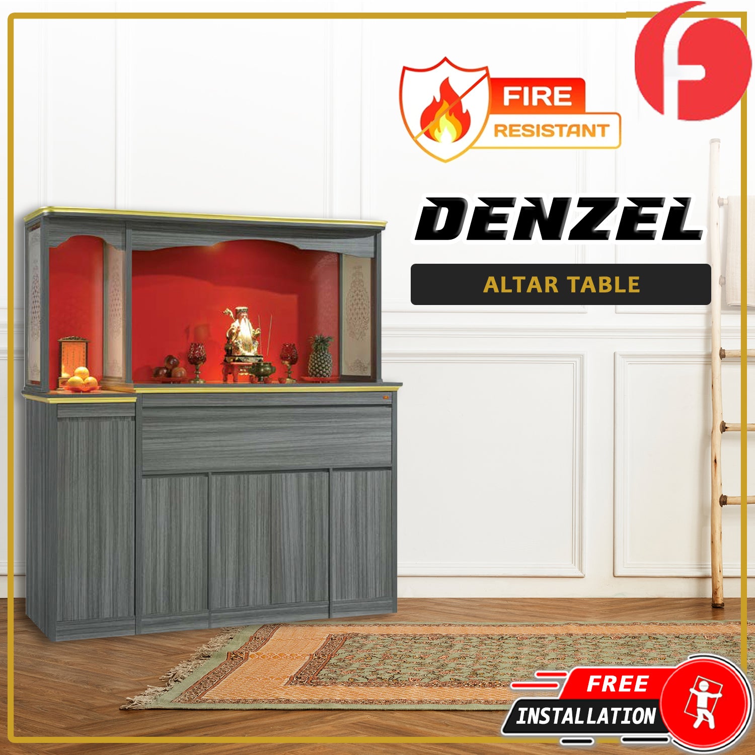 Denzel Oriental Altar Table with Top Altar Cabinet Fire Resistant Laminated Board
