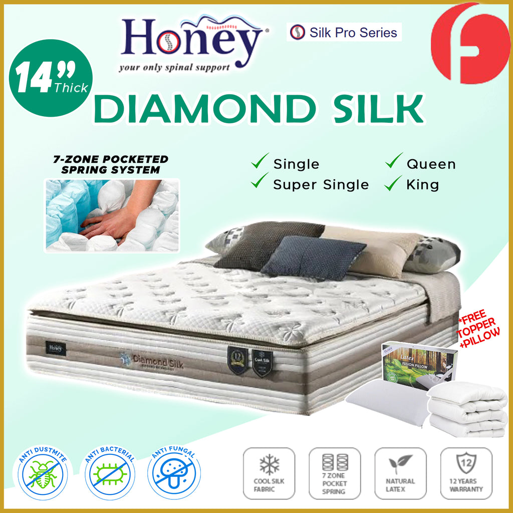 Honey Diamond Silk 14" 7-Zone Pocket Spring Mattress FREE TOPPER & PILLOW  -All Sizes