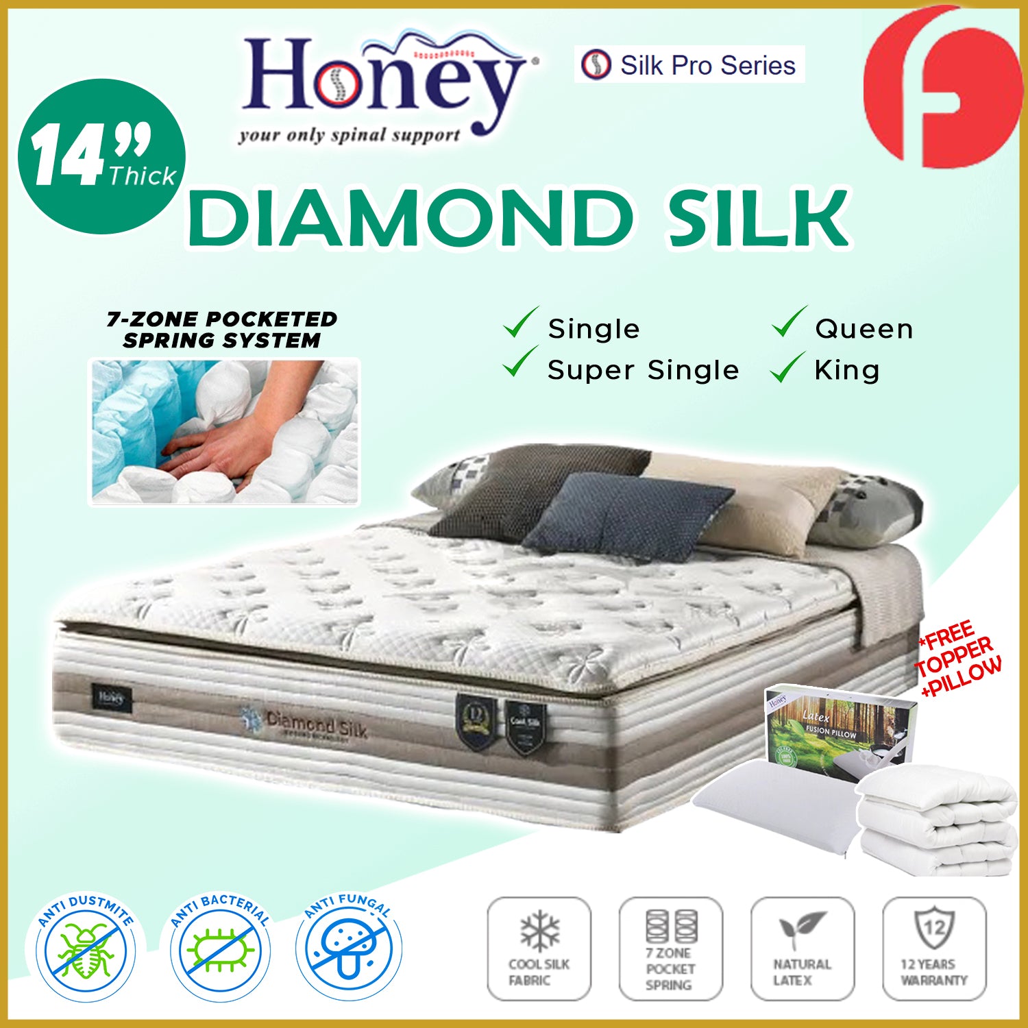 Honey Diamond Silk 14" 7-Zone Pocket Spring Mattress FREE TOPPER & PILLOW  -All Sizes