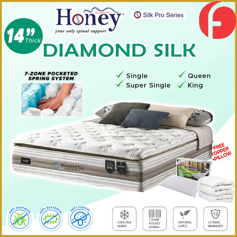 Image of Honey Diamond Silk 14" 7-Zone Pocket Spring Mattress FREE TOPPER & PILLOW  -All Sizes