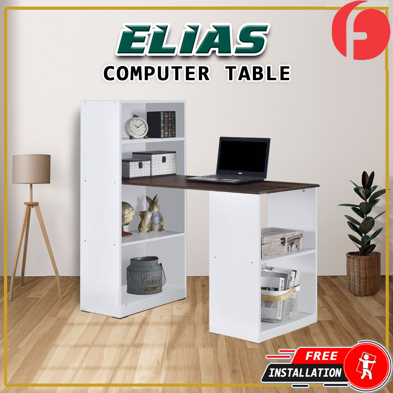 Elias Study Computer Office Table with Shelves Cabinet in 4 Colours