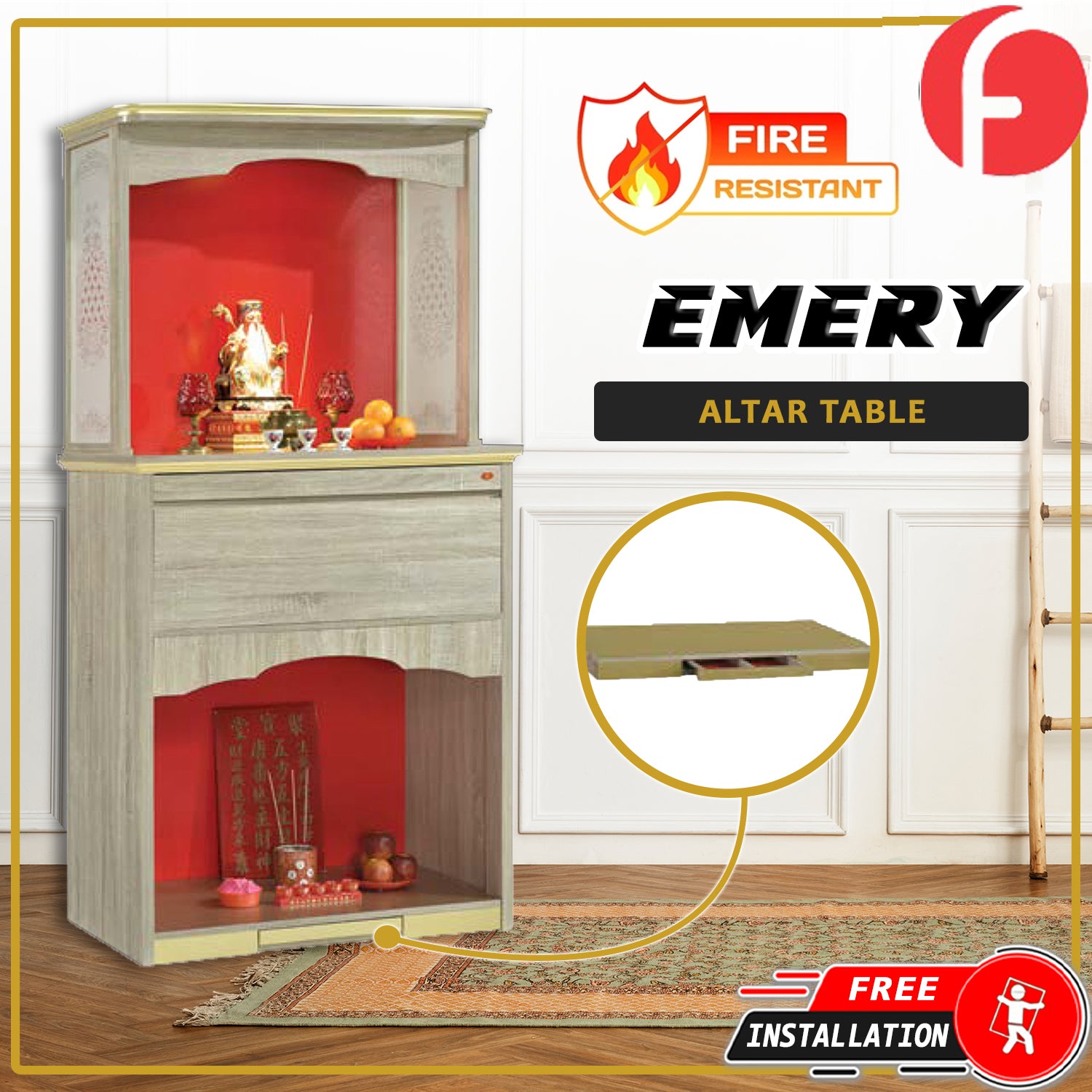 Emery Oriental Altar Table with Top Altar Cabinet Fire Resistant Altar Cabinet