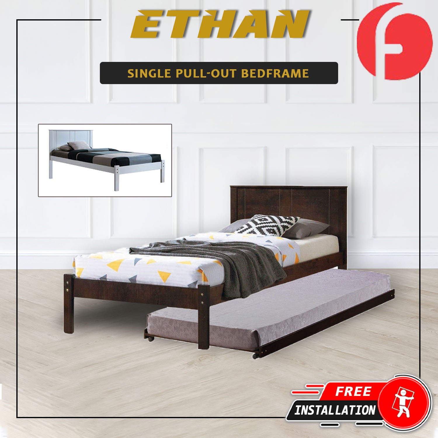 Ethan Single Pull-Out Bedframe MDF + Veneer Solid Wood Slatted Base  - w/ Mattress Option