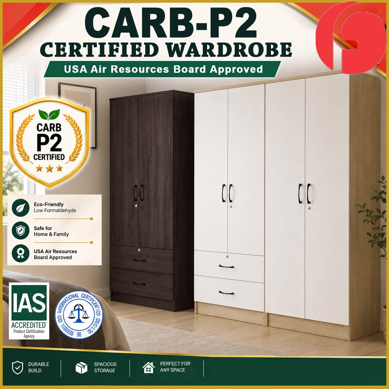 BERLIN CARB-P2 Certified Board 1-5 Door Tall Wardrobe with Drawers and Top Cabinet