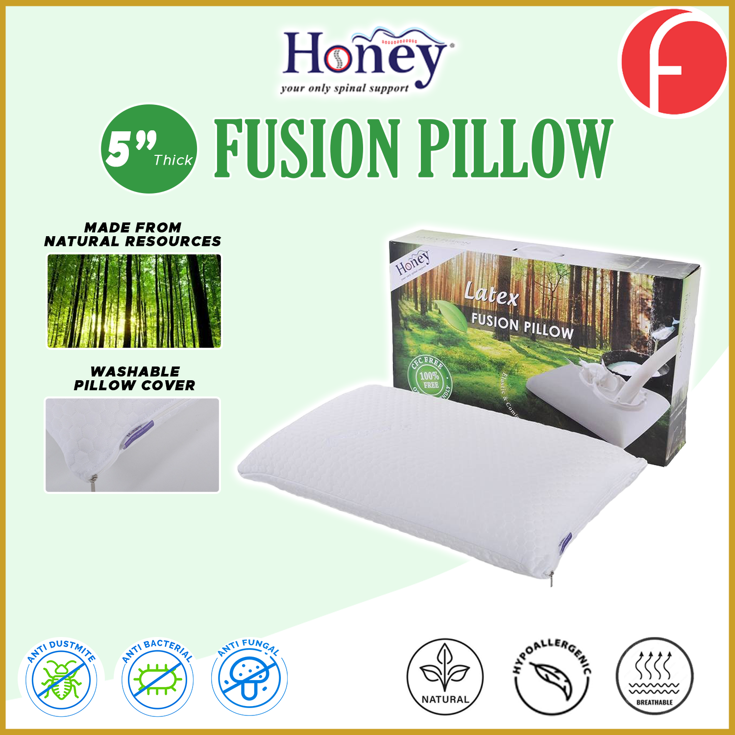 Honey Latex Fusion Pillow 5" Eco Friendly Anti-Bacteria Hypoallergenic