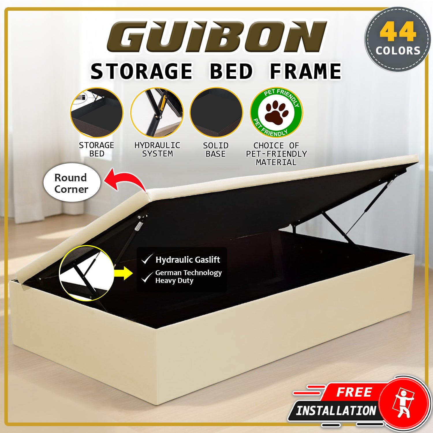 Guibon 16" SBD Lift Up Storage Bed Base Bedframe - Pet-Friendly Option / Mattress Option