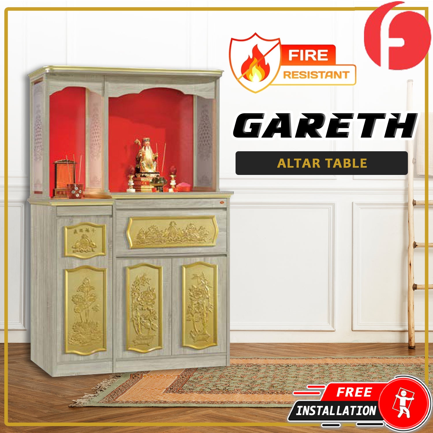 Dorian Oriental Altar Table with Top Altar Cabinet Fire Resistant Altar Cabinet