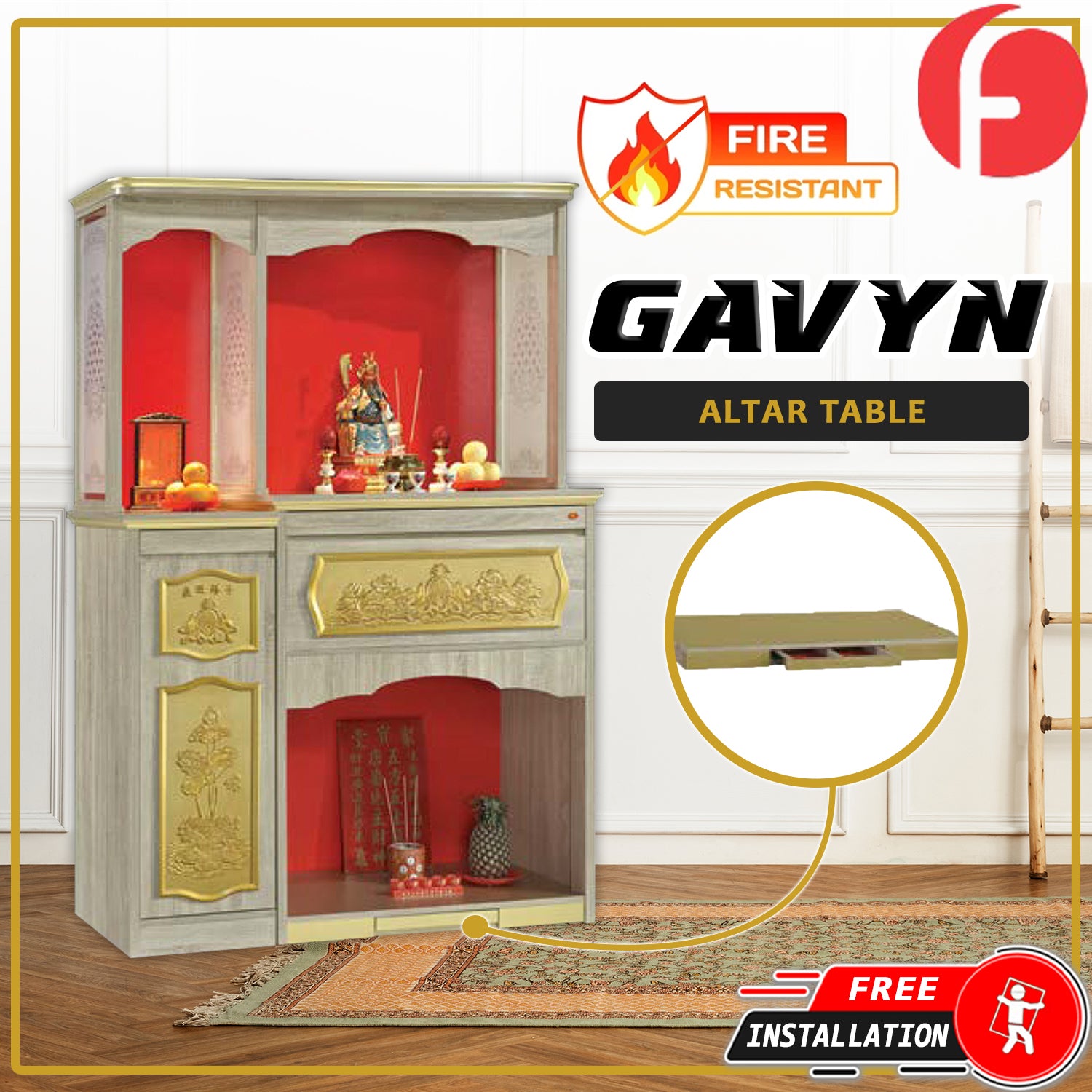 Gavyn Oriental Altar Table with Top Altar Cabinet Fire Resistant Altar Cabinet