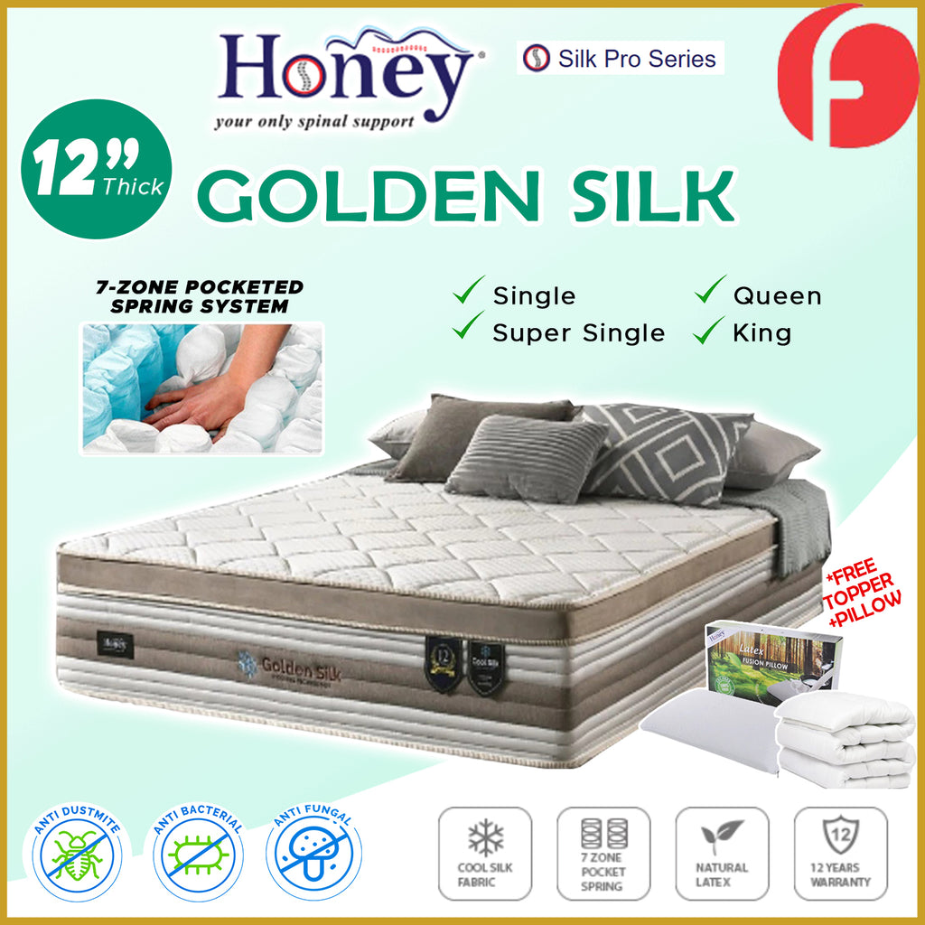 Honey Golden Silk 12" 7-Zone Pocket Spring Mattress FREE TOPPER & PILLOW  -All Sizes