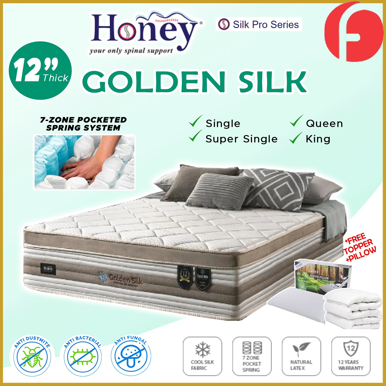 Honey Golden Silk 12" 7-Zone Pocket Spring Mattress FREE TOPPER & PILLOW  -All Sizes