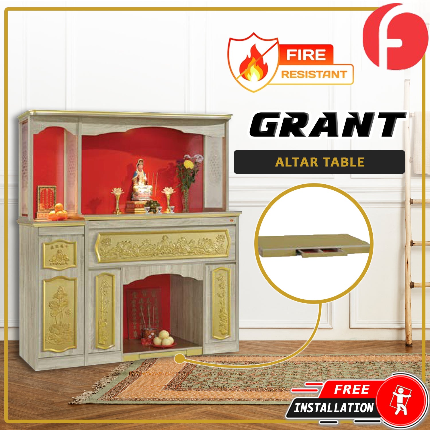Grant Oriental Altar Table with Top Altar Cabinet Fire Resistant Altar Cabinet