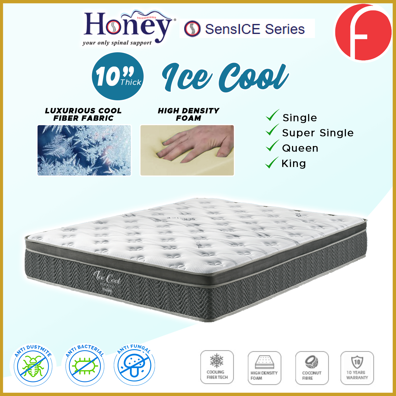 Honey Ice Cool 10" SensICE Series High Density Cooling Fabric Mattress - All Sizes