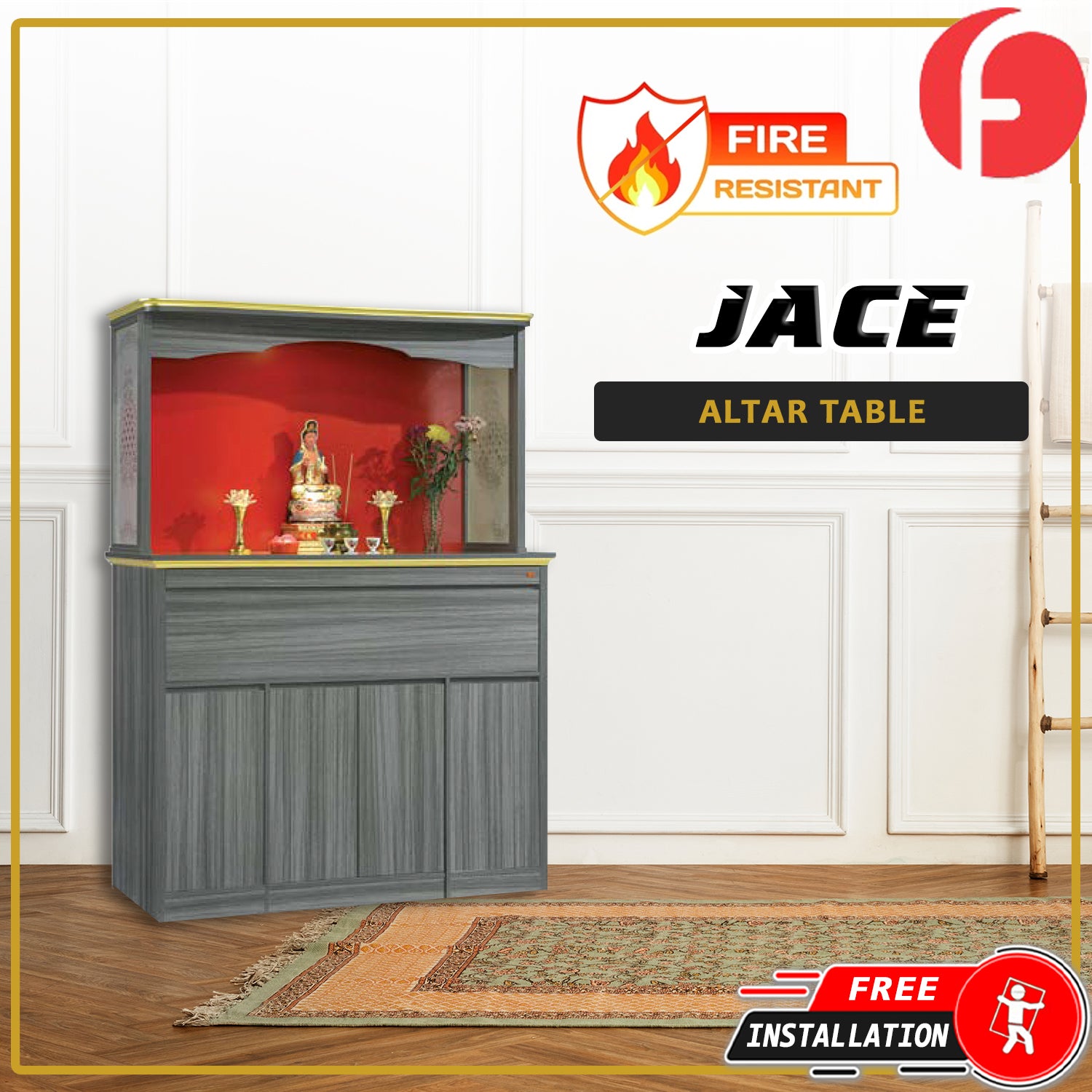 Jace Oriental Altar Table with Top Altar Cabinet Fire Resistant Altar Cabinet