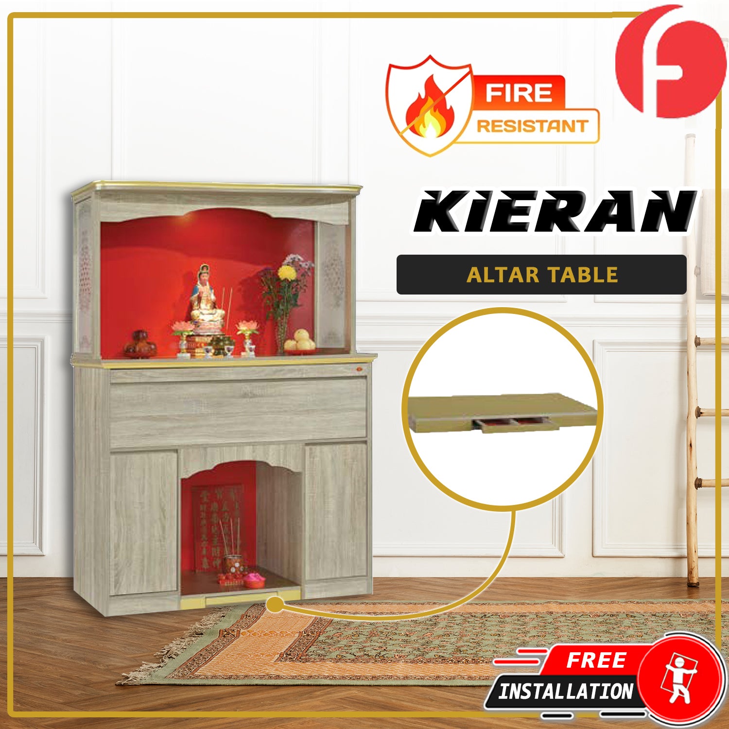Kieran Oriental Altar Table with Top Altar Cabinet Fire Resistant Altar Cabinet