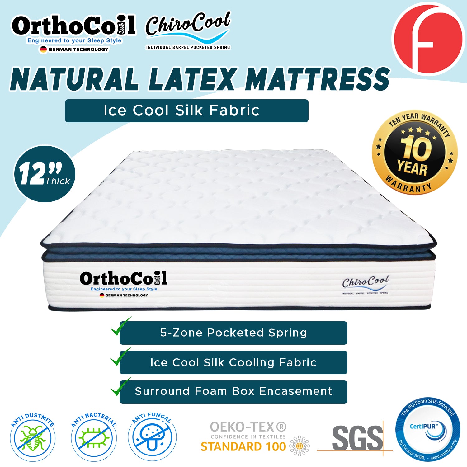 ORTHOCOIL CHIRO COOL 12" 5-Zone Pocketed Spring Mattress - Synthetic Latex and Ice Silk Cooling Fabric