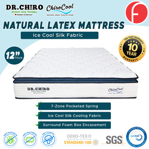 DR Chiro CHIRO COOL 12" 7-Zone Pocketed Spring Mattress - Natural Latex and Ice Silk Cooling Fabric