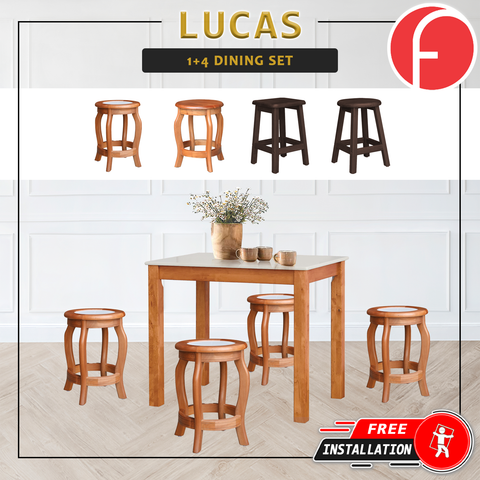 Image of Lucas Dining Set w/ Table and Stools 1+4 in Solid Wood Natural Marble Top Cherry/Walnut