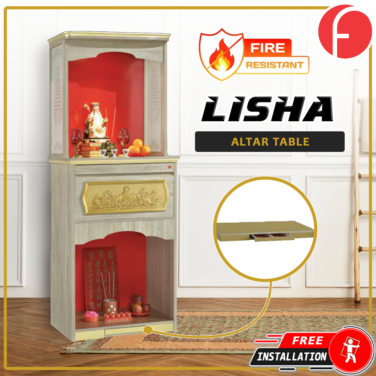 Lisha Oriental Altar Table with Top Altar Cabinet Fire Resistant Altar Cabinet