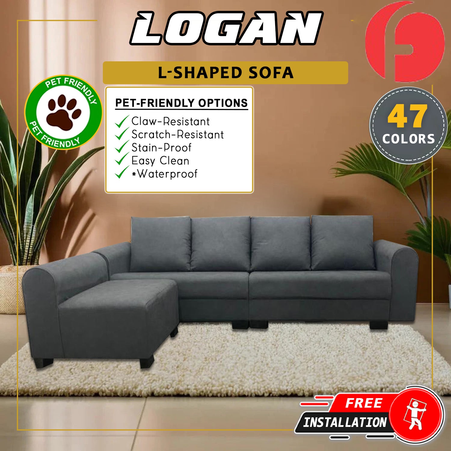 Logan 4 Seater With Chaise in 48 Colour - w/ PetFriendly Options
