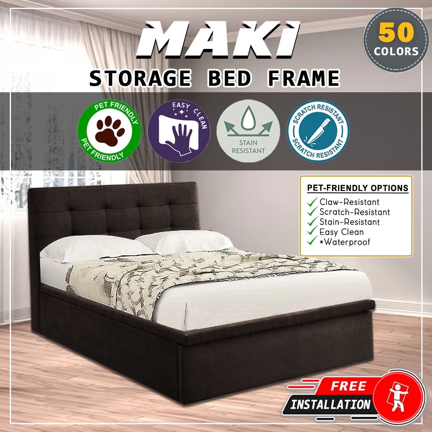 Maki 16" Depth Storage Bedframe w/ PetFriendly Scratch-resist Fabric Option - All Sizes