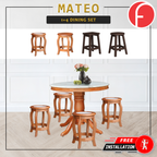 Mateo Dining Set Round Table & Stools 1+4 in Solid Wood Natural Marble Top Cherry/Walnut