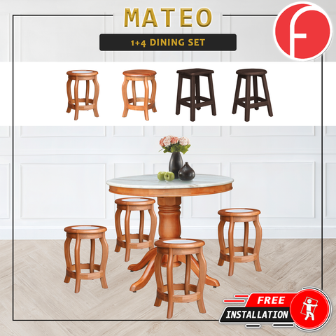 Image of Mateo Dining Set Round Table & Stools 1+4 in Solid Wood Natural Marble Top Cherry/Walnut