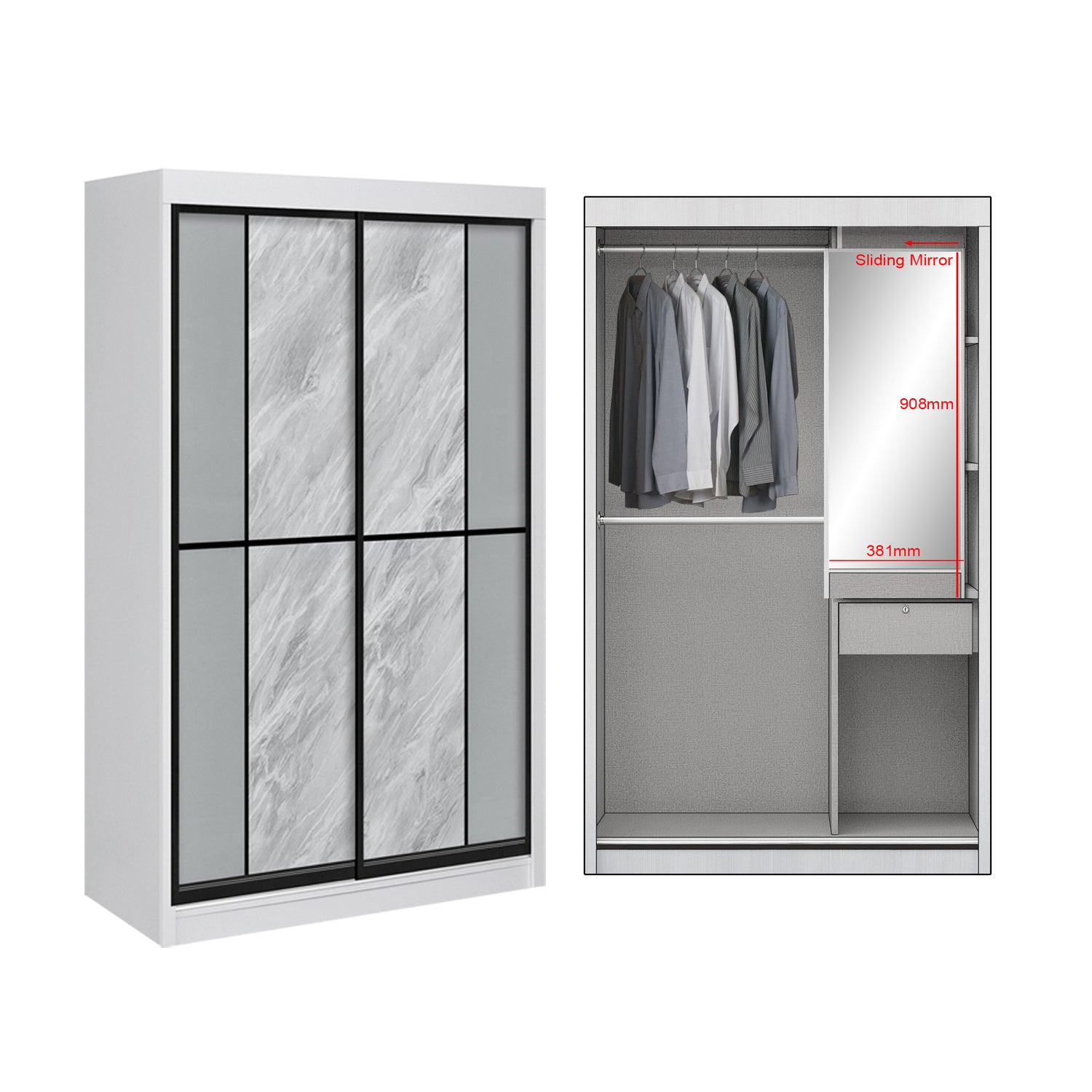 Haidee Series 2-Door Sliding Door Wardrobe with Internal Mirror in 5 Colors And 7 Door