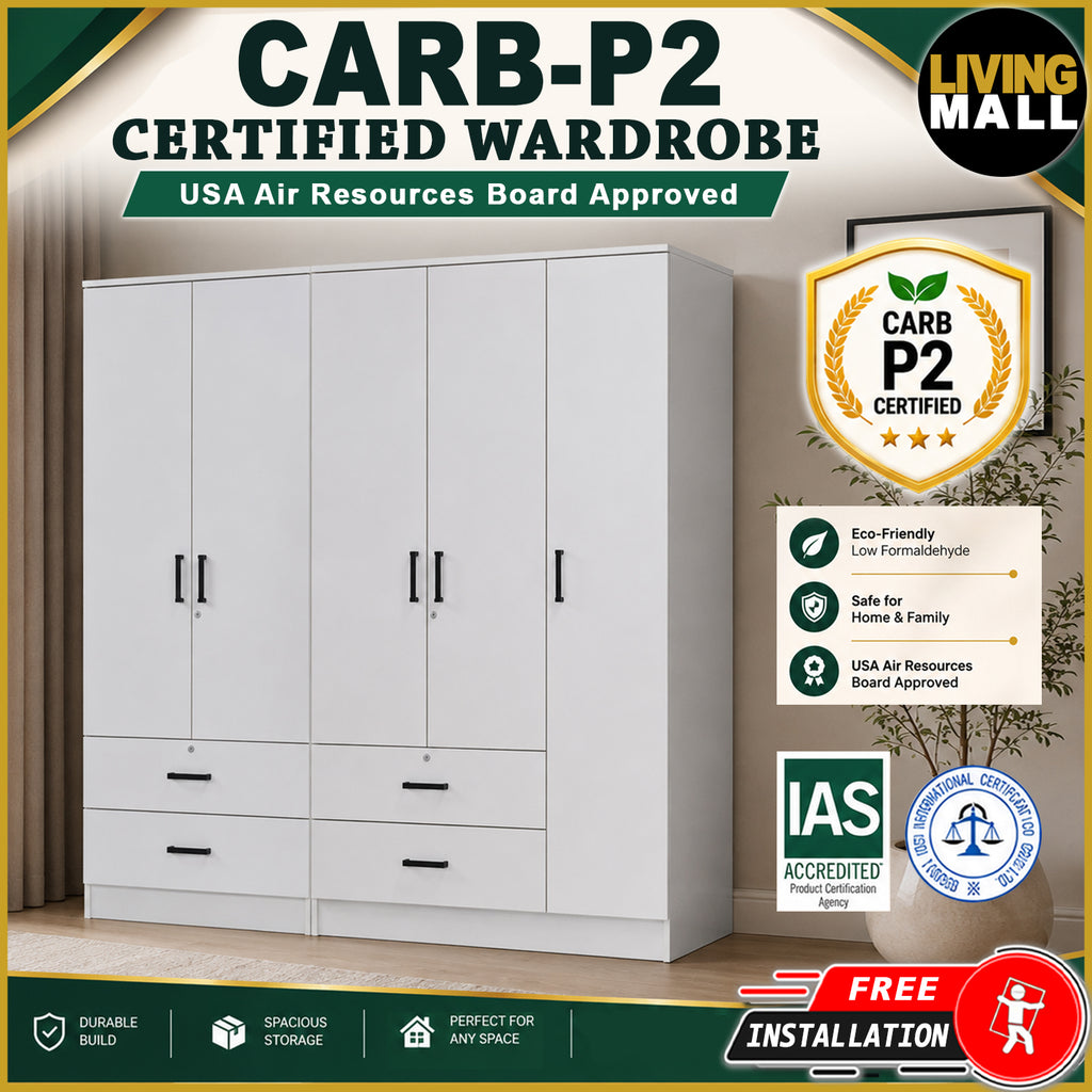 Moira CARB-P2 Certified Board 2-5 Doors  Scratch-Resist Wardrobe w/ Drawers White Colour