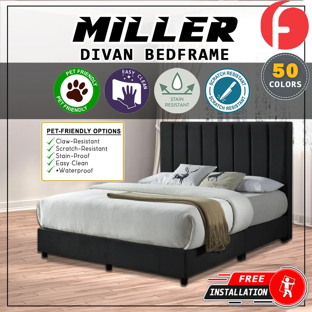 Miller Divan Bed Frame with Foam Padded Headboard - PetFriendly Option / All Sizes