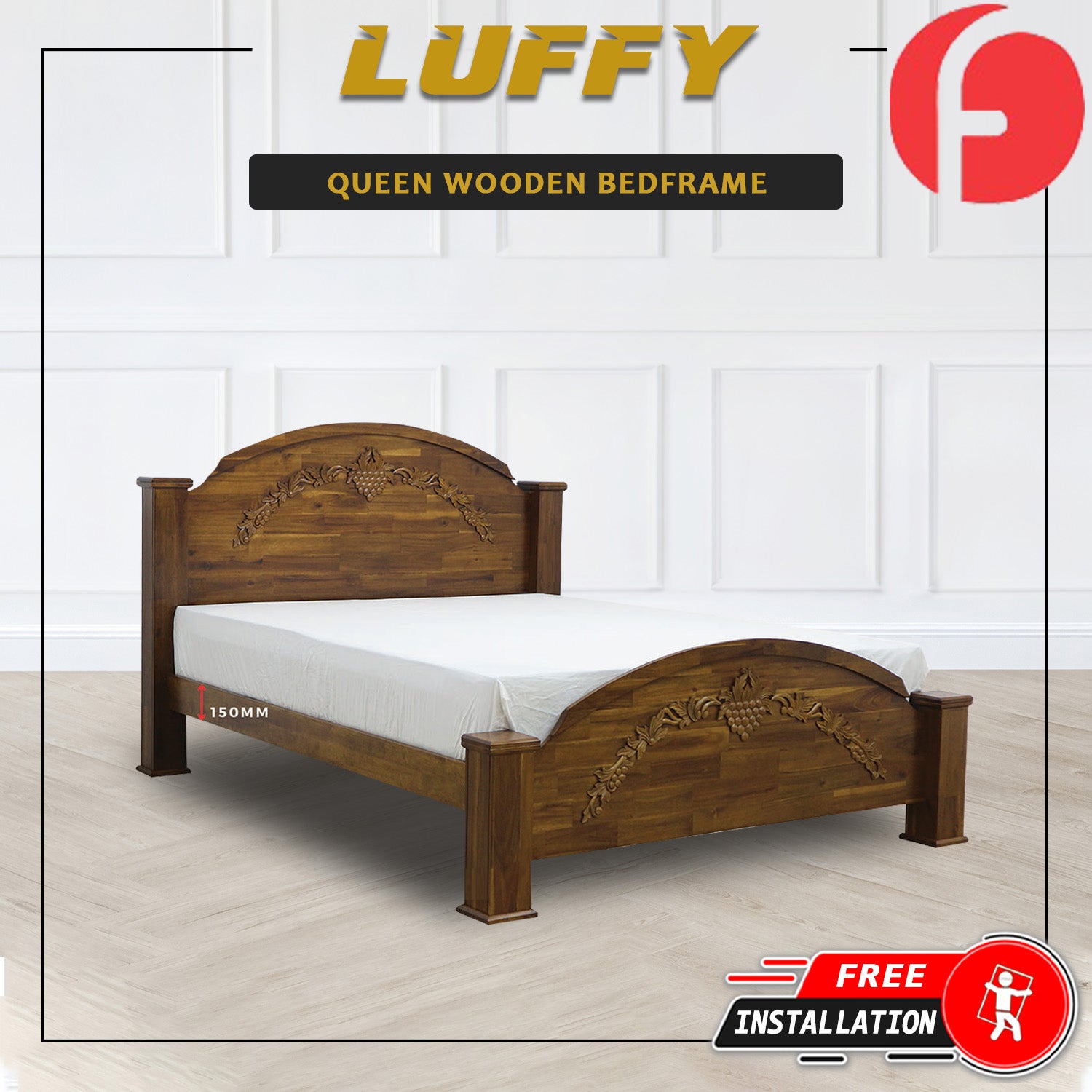 Luffy Wooden Bedframe Solid Wood With Plywood Base Queen Size - w/ Mattress Option