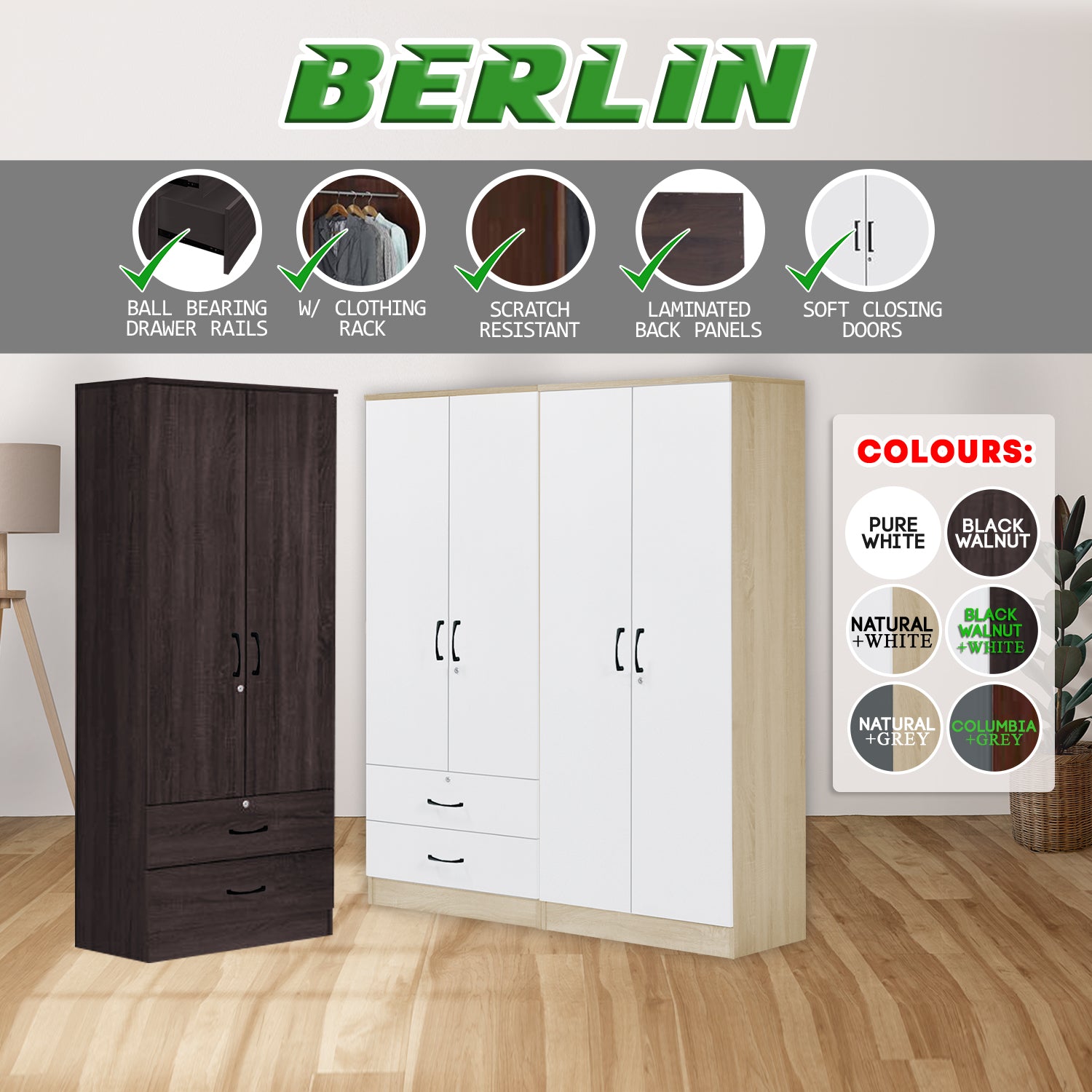 BERLIN Series 1/2/3/4/5 Doors Tall Wardrobe with Drawers and Top Cabinet in 6 Colours