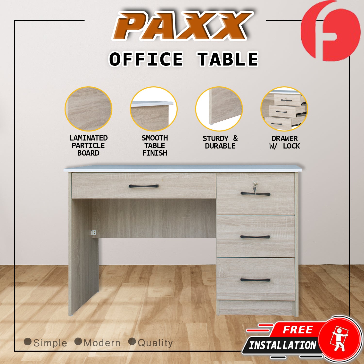 Paxx Study Computer Office Table with Drawer w/ Lock in 4 Colours