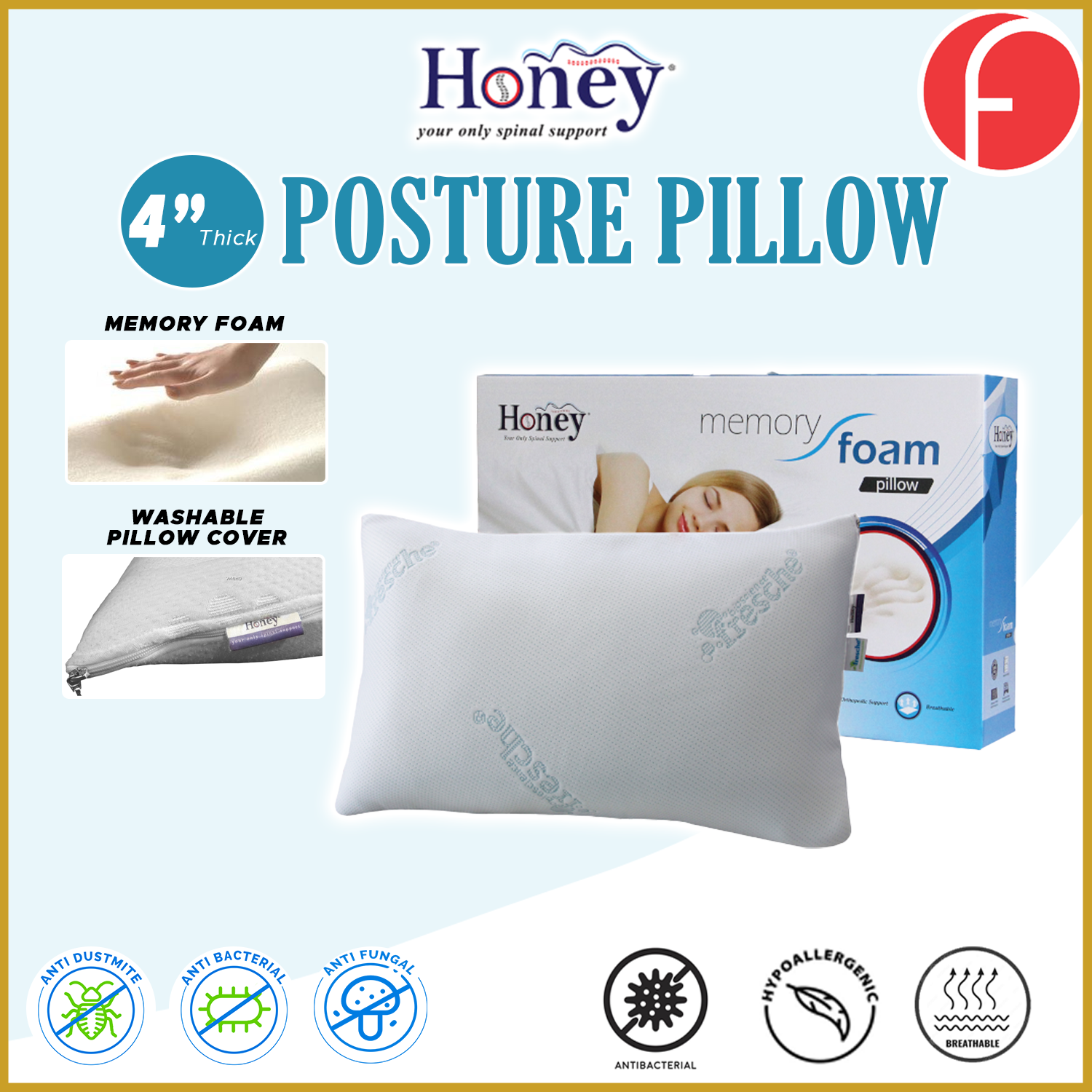Honey Posture Pillow 4" Supportive Memory Foam Anti-Bacteria Hypoallergenic