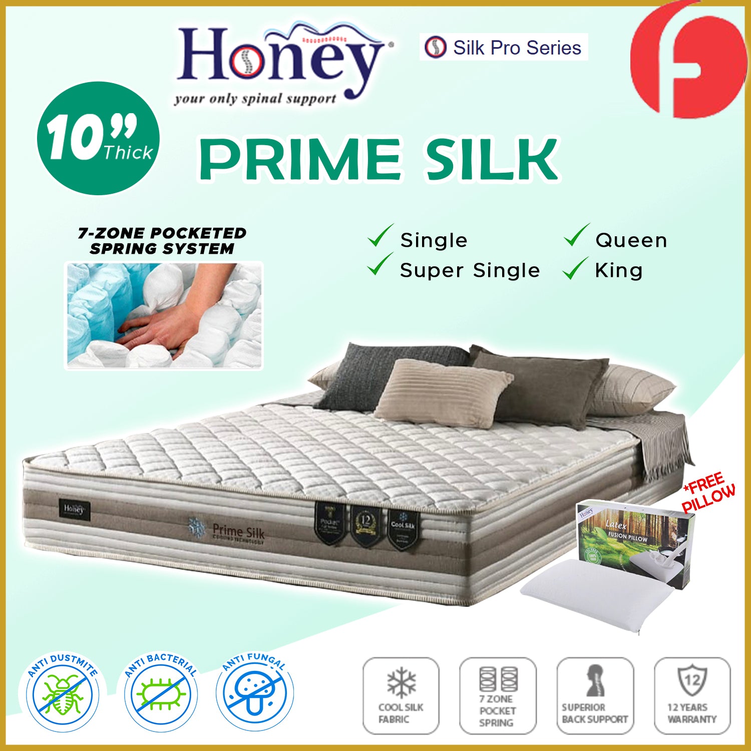 Honey Prime Silk 10" 7-Zone Pocket Spring Mattress FREE PILLOW -All Sizes