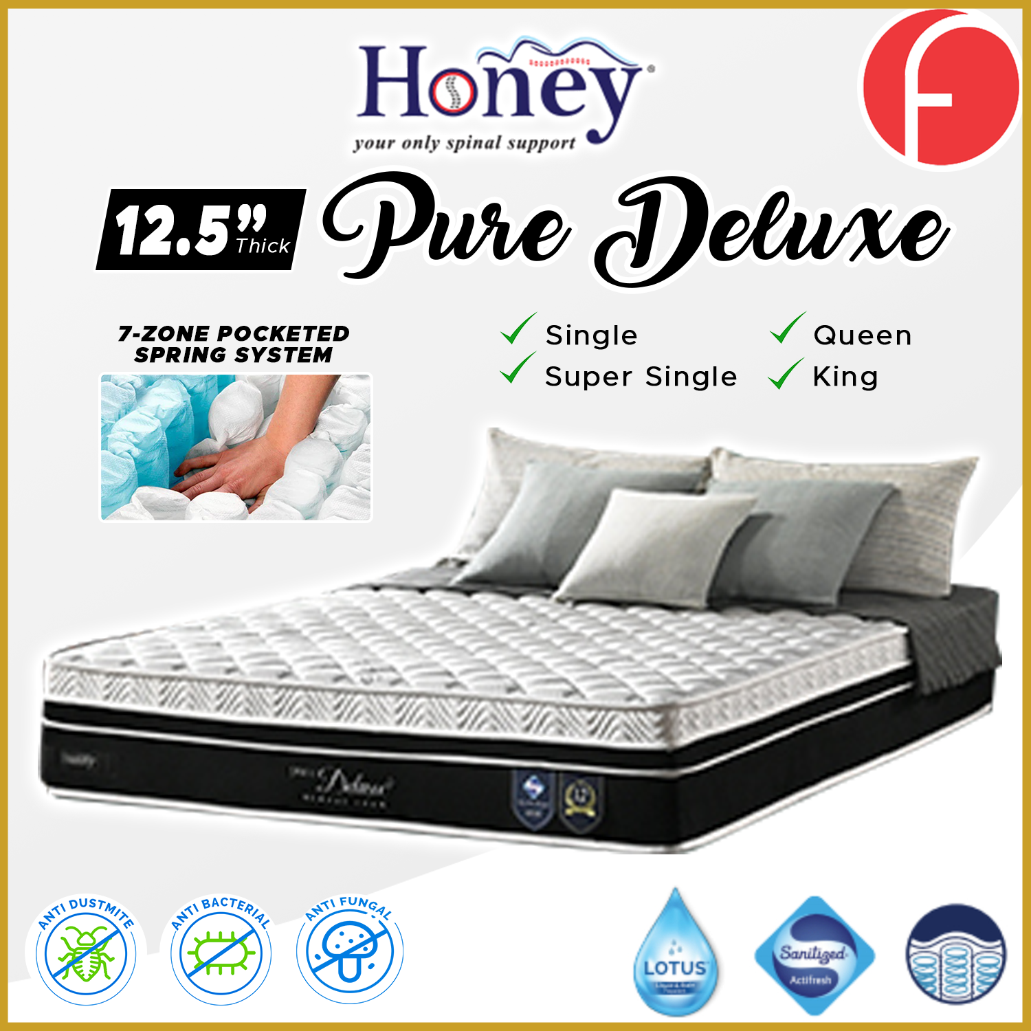 Honey Pure Deluxe 12.5" 7-Zone Pocket Spring Sanitized Mattress - All Sizes Available