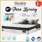 Honey Pure Luxury 15" 7-Zone Pocket Spring Sanitized Mattress w/ FREE PILLOW - All Sizes Available