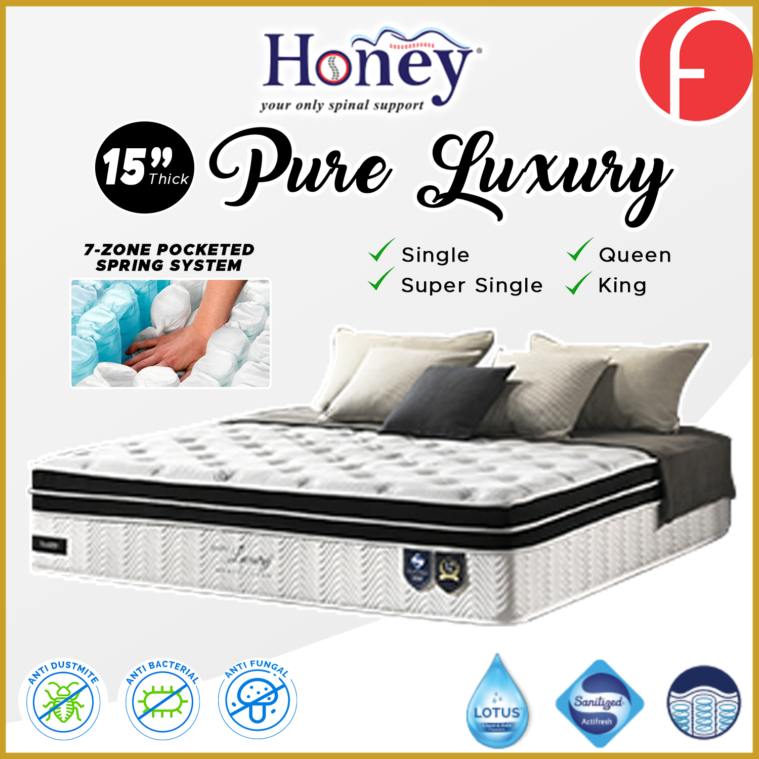 Honey Pure Luxury 15" 7-Zone Pocket Spring Sanitized Mattress w/ FREE PILLOW - All Sizes Available