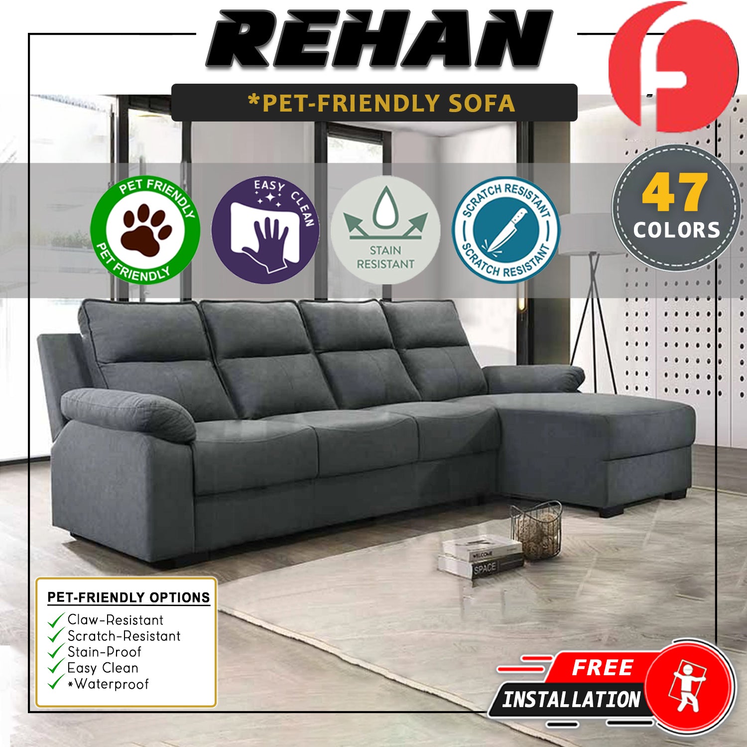 Rehan 4 Seater High Back L-Shaped Sofa in 47 Colour - w/ Pet Friendly Fabric/Leather