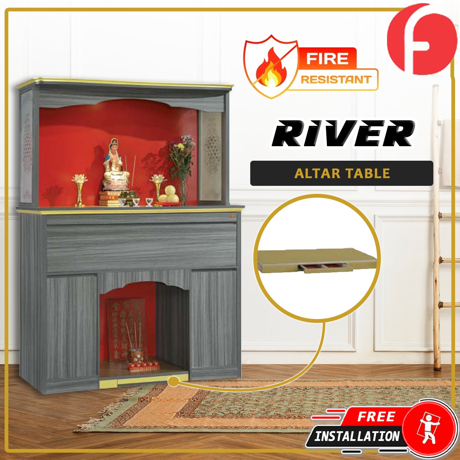 River Oriental Altar Table with Top Altar Cabinet Fire Resistant Altar Cabinet