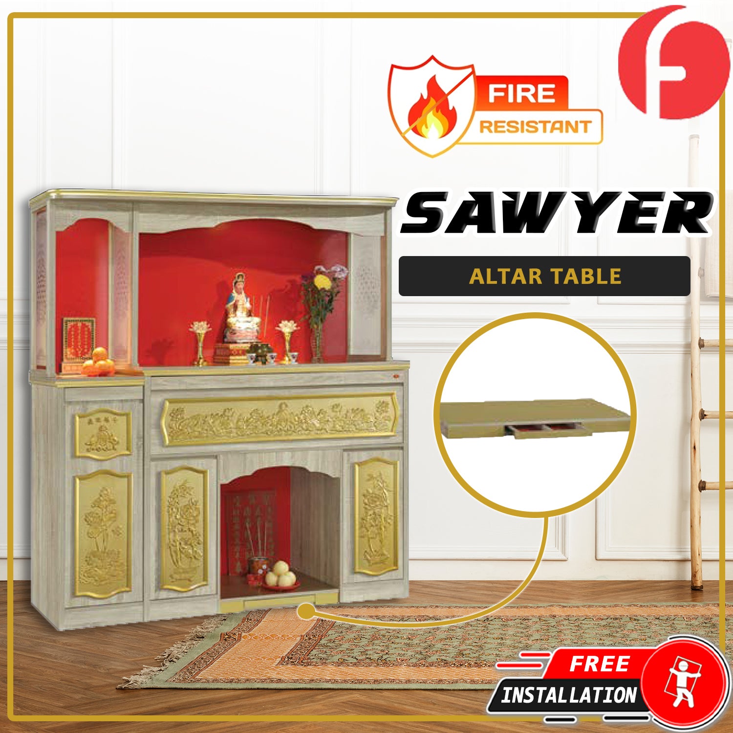 Sawyer Oriental Altar Table with Top Altar Cabinet Fire Resistant Altar Cabinet