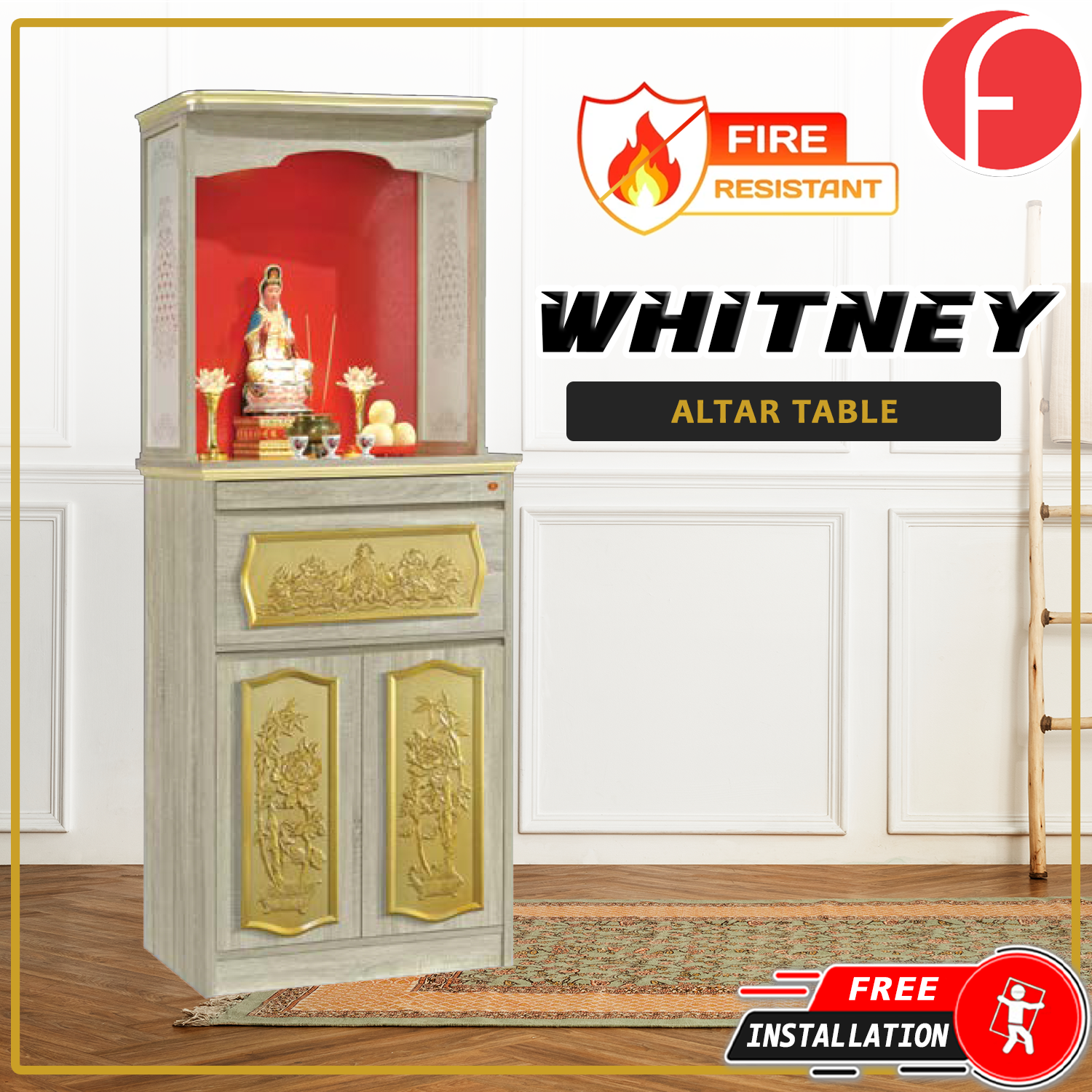 Whitney Oriental Altar Table with Top Altar Cabinet Fire Resistant Altar Cabinet