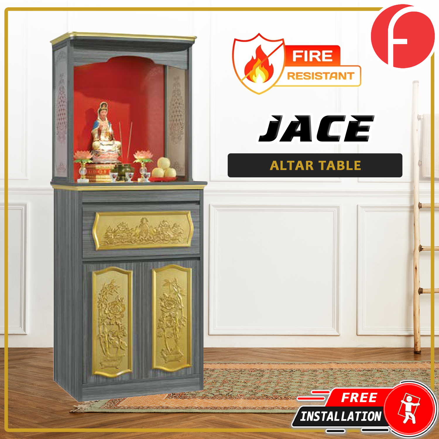 Jace Oriental Altar Table with Top Altar Cabinet Fire Resistant Altar Cabinet