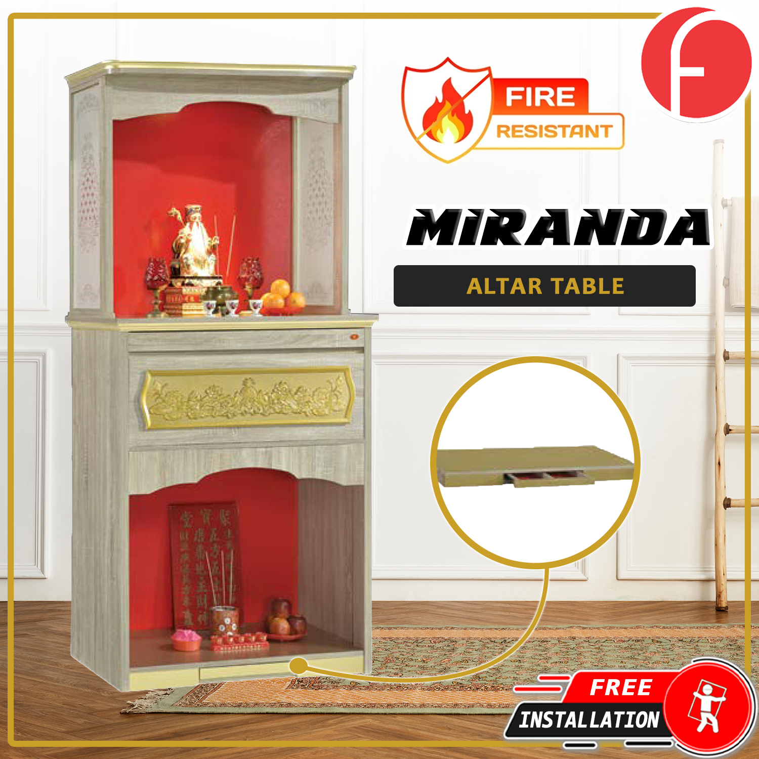 Miranda Oriental Altar Table with Top Altar Cabinet Fire Resistant Altar Cabinet